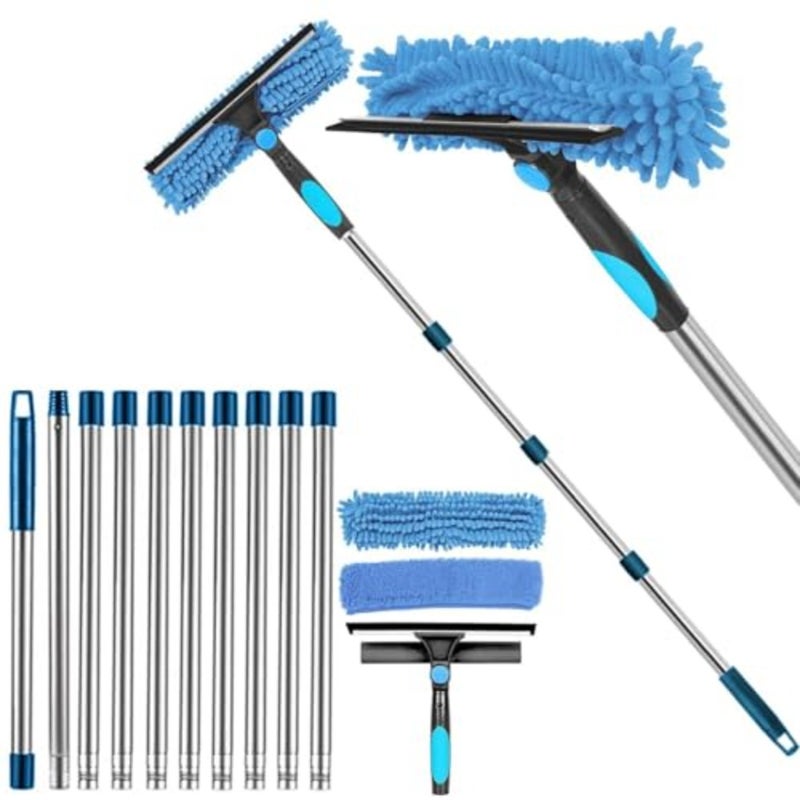 Window Cleaner, 4.3 M Telescopic Window Wiper Cleaning Kit, Window Cleaning Device with Silicone Wiper and Microfiber Scrubber, Shower Wiper for Glass, Cars, Floors, Walls - Image 1