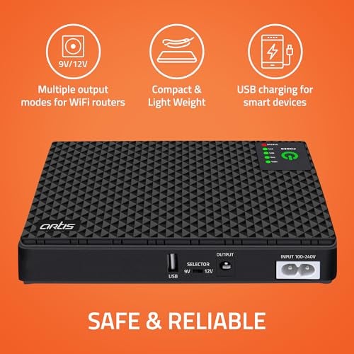 Artis AR-MINIDC-2 Mini UPS for WiFi Router/Modem/Set top Box Devices. 8800mAh Battery Supports 9V/12V-1A/1.5A/2A Routers. USB Port for Phone Charging, Battery Level Indicators. BIS Certified - Image 2