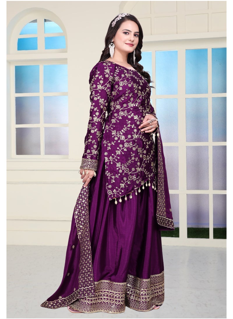 Super Asian Chinnon Sharara Set with Sequin Embroidery & Real Kodi Lace – Fully Stitched  - Image 3