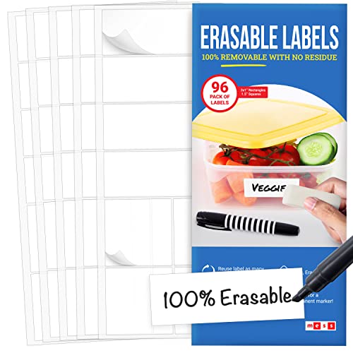 MESS Erasable Kitchen Labels, 96-Pack (1x3 & 1.5") – White Dry Erase Stickers for Pantry, Jars, Food Containers, Fridge & Freezer - Image 1