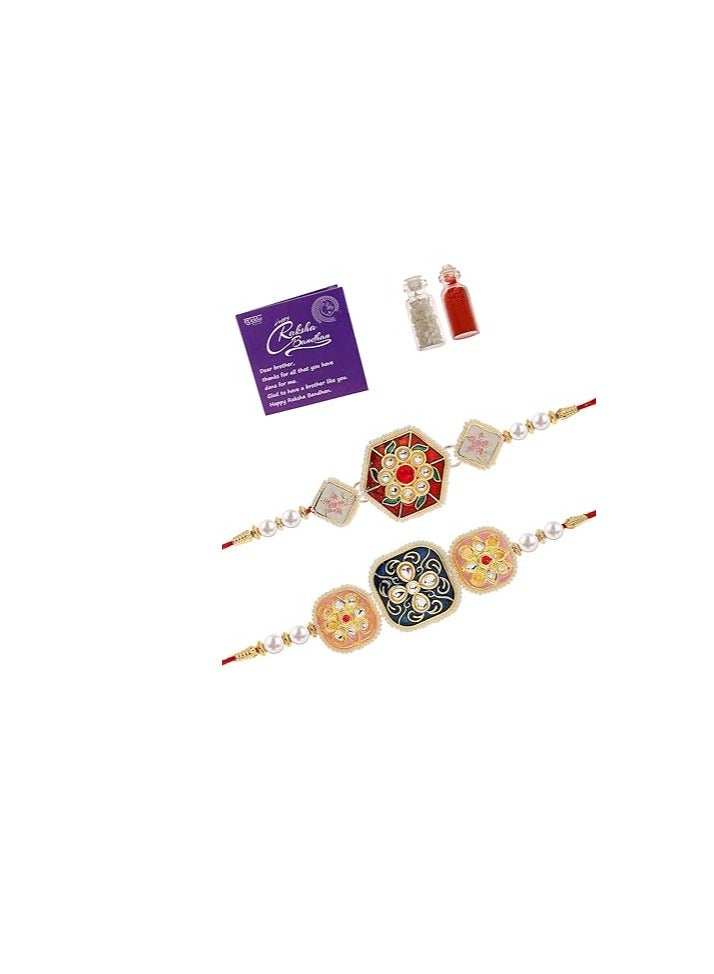 Sukkhi Rakhi Traditional Kundan and Pearls Designer Meenakari Gold Plated Premium Rakhi for Brother With Roli Chawal and Greeting Card Rakhi for Brother - Image 1