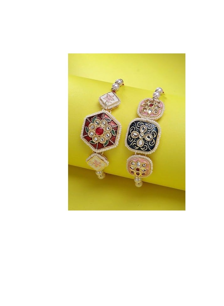 Sukkhi Rakhi Traditional Kundan and Pearls Designer Meenakari Gold Plated Premium Rakhi for Brother With Roli Chawal and Greeting Card Rakhi for Brother - Image 3