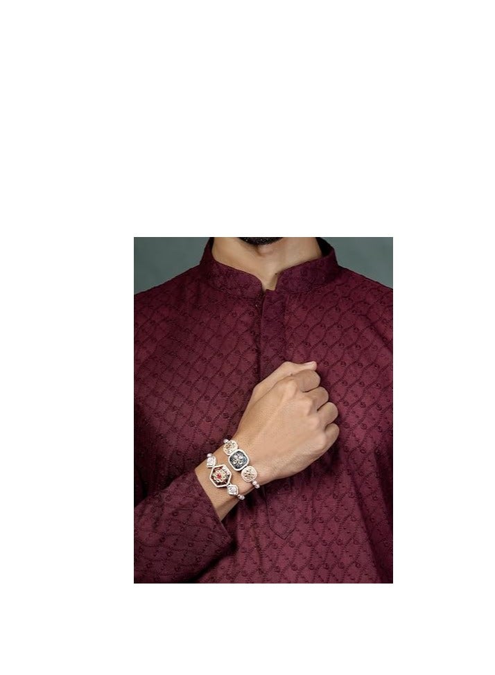 Sukkhi Rakhi Traditional Kundan and Pearls Designer Meenakari Gold Plated Premium Rakhi for Brother With Roli Chawal and Greeting Card Rakhi for Brother - Image 4