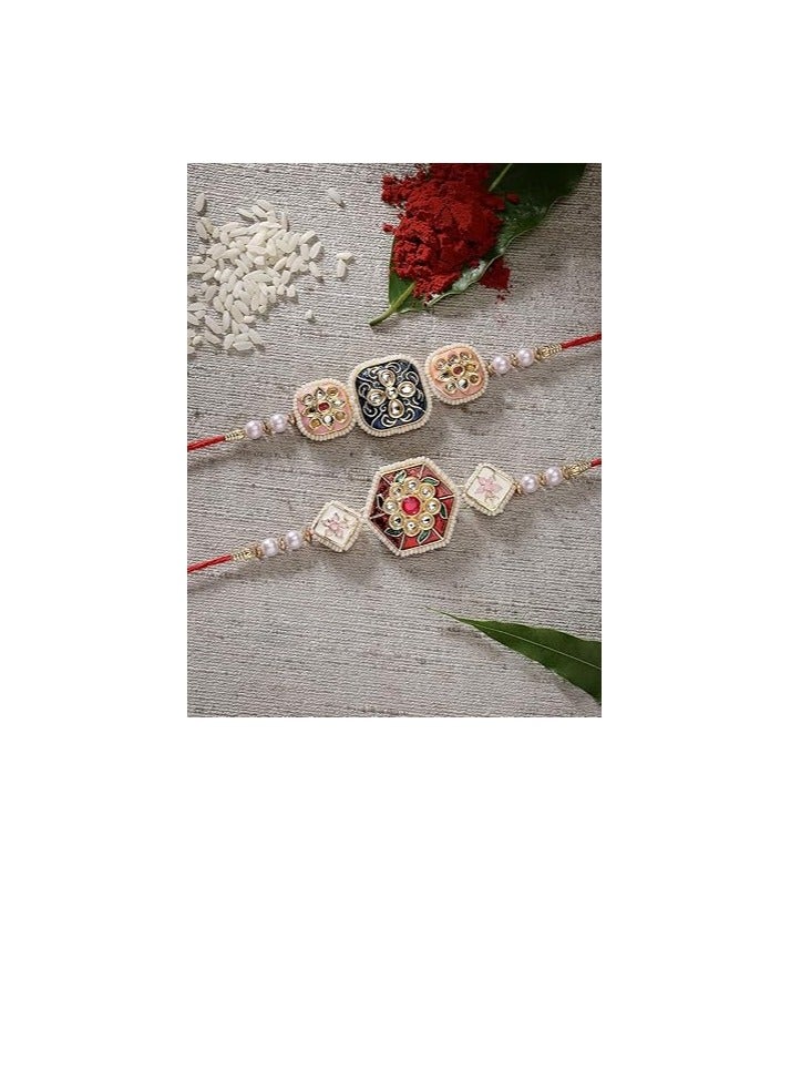 Sukkhi Rakhi Traditional Kundan and Pearls Designer Meenakari Gold Plated Premium Rakhi for Brother With Roli Chawal and Greeting Card Rakhi for Brother - Image 2