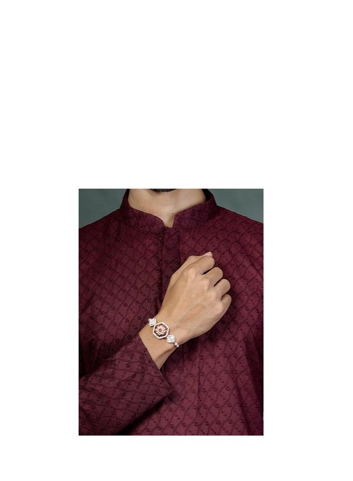 Sukkhi Rakhi Traditional Kundan and Pearls Designer Meenakari Gold Plated Premium Rakhi for Brother With Roli Chawal and Greeting Card Rakhi for Brother - Image 5