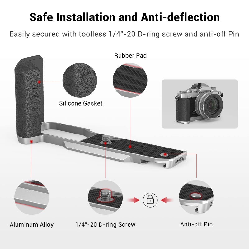 SmallRig Z fc Handgrip L-Shape Grip Holder for Nikon Z fc Camera, Retro-Style Side Handle with 1/4"-20 Threaded Hole, Cold Shoe, Quick Release Plate for Arca, Lightweight and Comfort (Sliver) - 3480 - Image 3