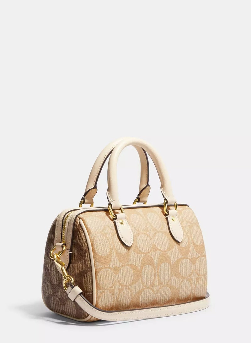 coachoutlet Coach Mini Rowan Satchel Bag In Signature Canvas, Women's Tote Bag, Women's Shoulder Bag, Women's Hand Bag, Women's Travel Bag, Khaki-Gold 19cm - Image 2