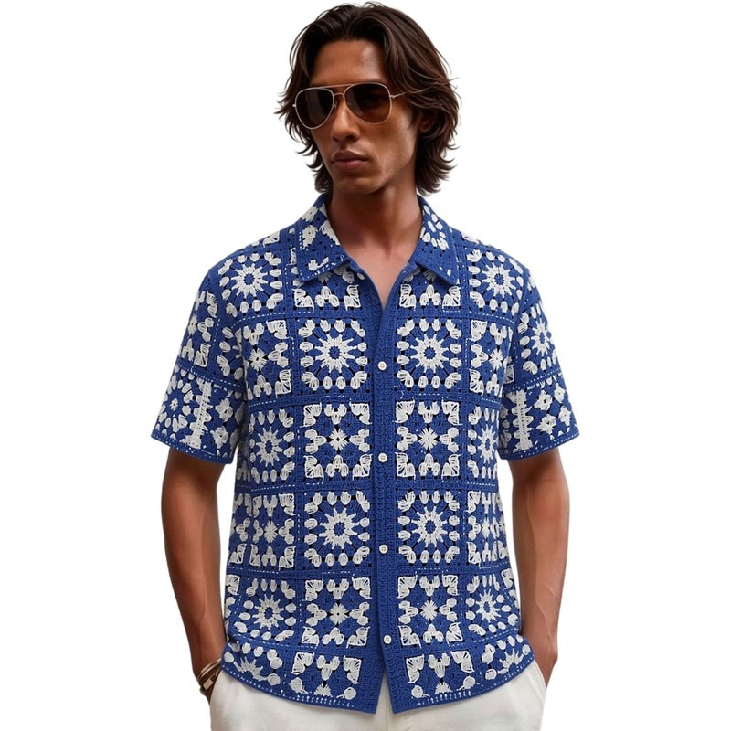 Men's Retro Ethnic Hollow Knit Short Sleeve Polo Shirt - Image 3