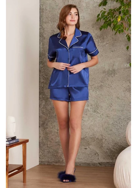 بيير كاردان 1205 Women's Satin Front Buttoned Pajama Set with Shorts - Navy Blue