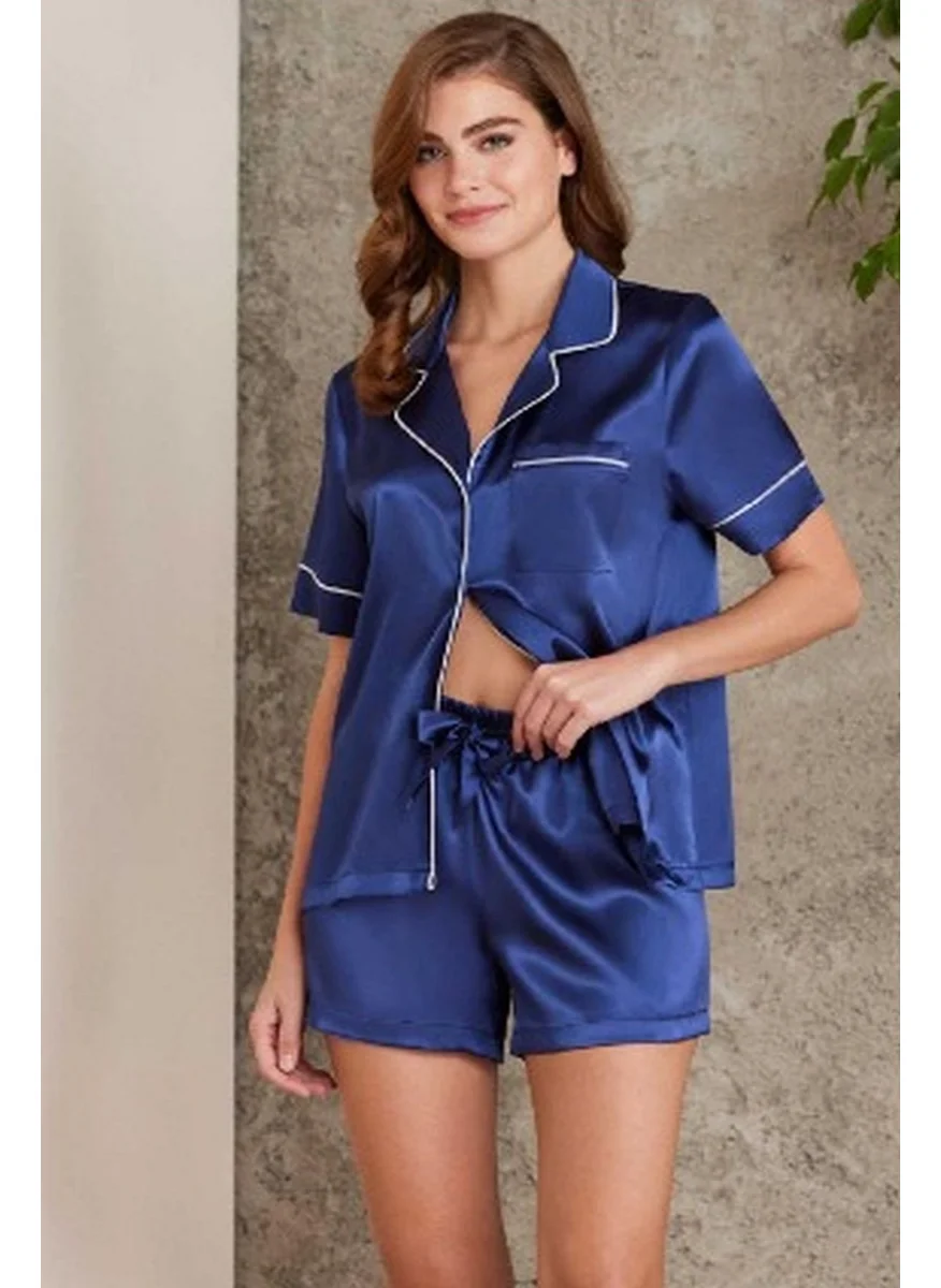 pierre cardin 1205 Women's Satin Front Buttoned Pajama Set with Shorts - Navy Blue