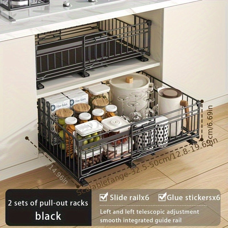 1pc/2pcs Adjustable Metal Pull-Out Cabinet Organizer - Screwless Slide-Out Drawers with Peel-And-Stick Adhesive for Easy Installation, Ideal for Kitchen Storage, Kitchen Organization | Modern Kitchen Organizer | Sleek Metal End, Black & White - Image 3