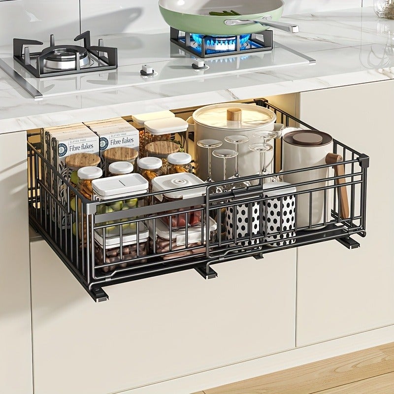 1pc/2pcs Adjustable Metal Pull-Out Cabinet Organizer - Screwless Slide-Out Drawers with Peel-And-Stick Adhesive for Easy Installation, Ideal for Kitchen Storage, Kitchen Organization | Modern Kitchen Organizer | Sleek Metal End, Black & White - Image 2