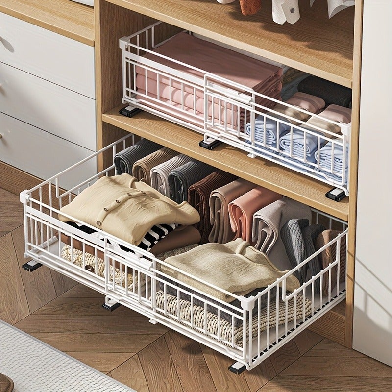 1pc/2pcs Adjustable Metal Pull-Out Cabinet Organizer - Screwless Slide-Out Drawers with Peel-And-Stick Adhesive for Easy Installation, Ideal for Kitchen Storage, Kitchen Organization | Modern Kitchen Organizer | Sleek Metal End, Black & White - Image 4