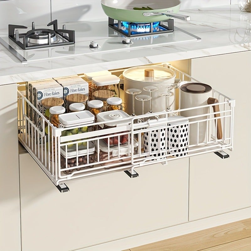 1pc/2pcs Adjustable Metal Pull-Out Cabinet Organizer - Screwless Slide-Out Drawers with Peel-And-Stick Adhesive for Easy Installation, Ideal for Kitchen Storage, Kitchen Organization | Modern Kitchen Organizer | Sleek Metal End, Black & White - Image 1