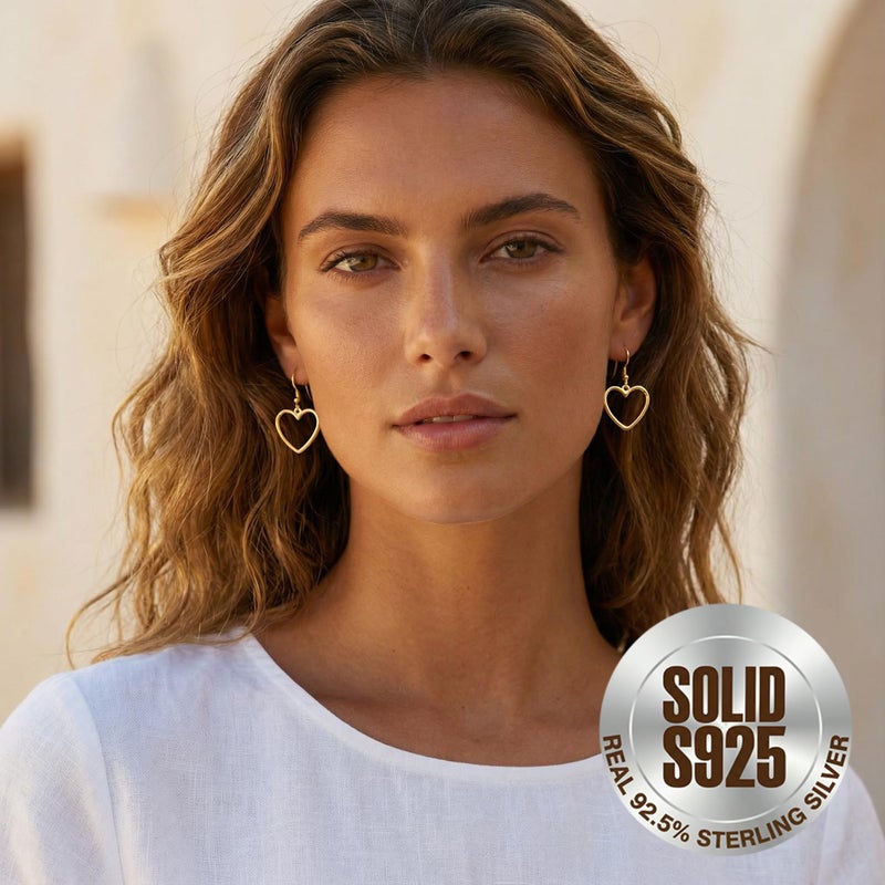 SLUYNZ Solid 925 Sterling Silver 1.8CM Hollow Heart Drop Earrings for Women Teen Sweet Love Dangle Earrings (B-Gold Plated) - Image 3