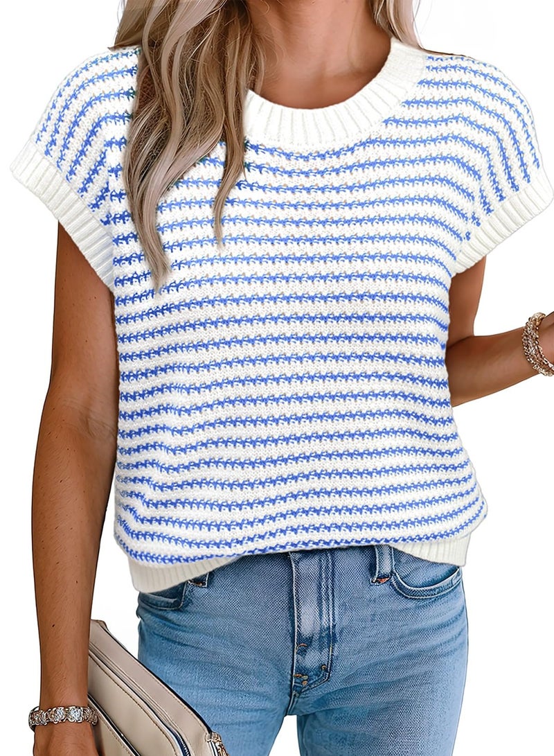 EVALESS Women's Striped Sweater Vest Sleeveless Casual 2026 Summer Fashion Clothes Round Neck Ribbed Pullover Top Light Blue Stripe Small - Image 1