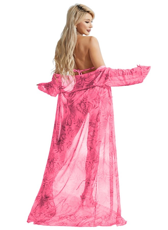 MARGOUN Three-piece Digital Printing Bikini Ladies Beach Sunscreen Blouse Swimsuit Long Lace Dress Sheer Dress Sheer Kimono Dress Pink - Image 5