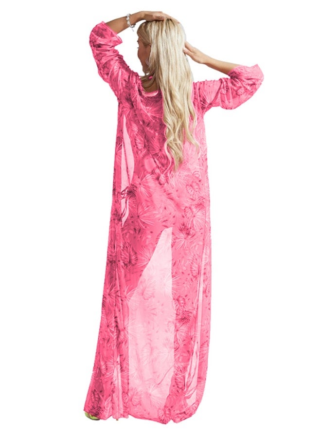 MARGOUN Three-piece Digital Printing Bikini Ladies Beach Sunscreen Blouse Swimsuit Long Lace Dress Sheer Dress Sheer Kimono Dress Pink - Image 4
