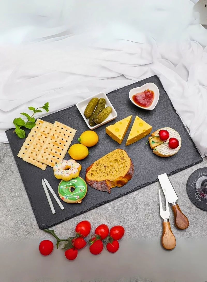 1Chase Natural Slate Stone Plates – 4-Piece Set, Black Rectangular Serving Platters 30x20cm for Cheese, Appetizers & Sushi