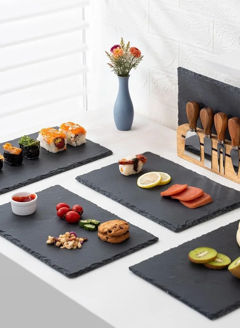 1Chase Natural Slate Stone Plates – 4-Piece Set, Black Rectangular Serving Platters 30x20cm for Cheese, Appetizers & Sushi