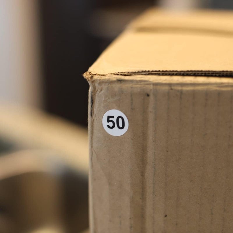 ملصقات دائرية بيضاء مع الرقم الأسود 50، 3/4 بوصة، 500 ملصق على لفة للتنظيم والمخزون - مادة شبه لامعة - مصنوعة في الولايات المتحدة الأمريكية