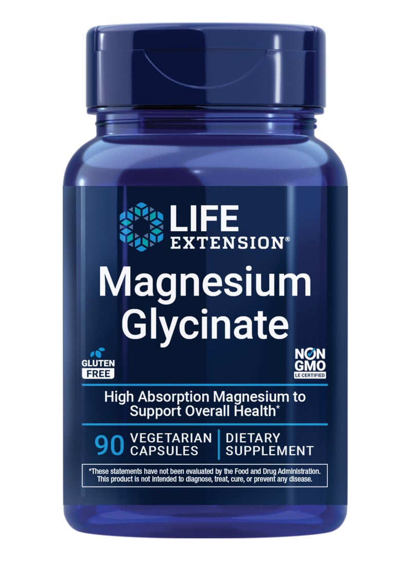 Life Extension Magnesium Glycinate, Heart Health, Bone Health, Nerve and Muscle Support, Highly absorbable, Gluten-Free, Non-GMO, Vegetarian, 90 Capsules - Image 1