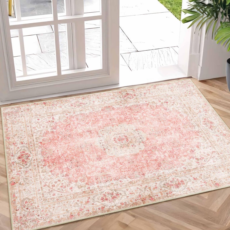 Castage Small Rugs 2x3,Pink Rug for Entryway Bathroom Bedroom Kitchen Entrance Doormat,Boho Vintage Bohemian Distressed Washable Accent Floor Throw Carpet Non Slip,Blush - Image 1