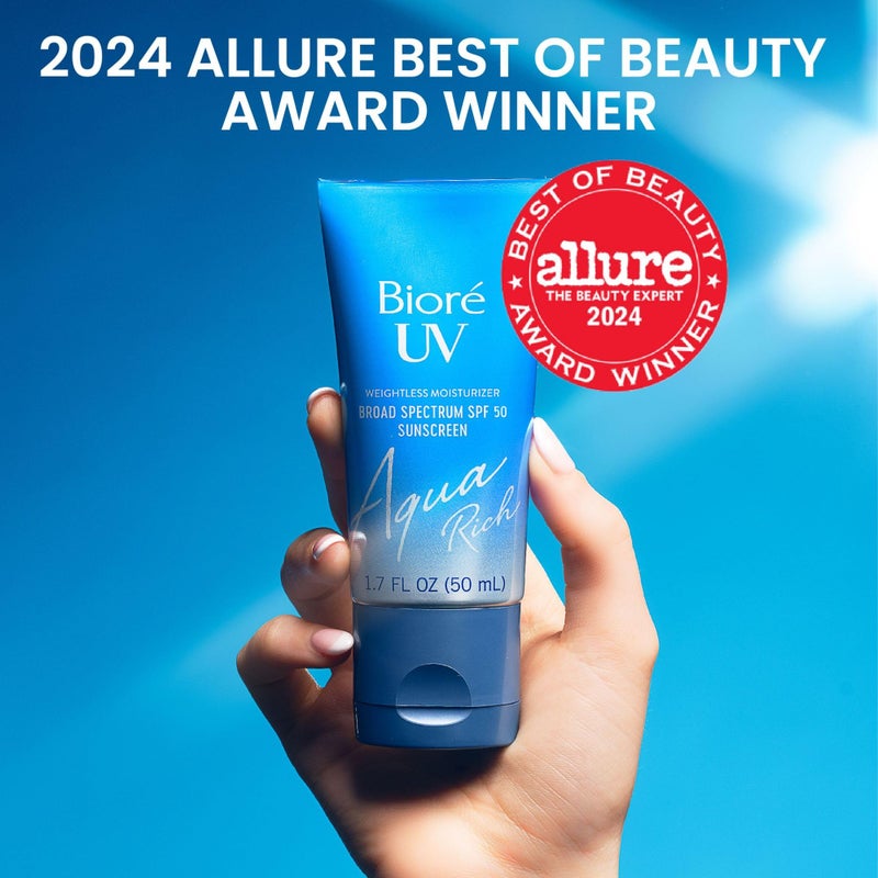 Biore مرطب وجه يومي بيوير يو في أكوا ريتش مع SPF 50 | واقي شمس خالي من الزيت ومثبت للمكياج مع حمض الهيالورونيك، بدون أثر أبيض، غير كوميدوغينيك، للبشرة الحساسة، PA++++، 1.7 أونصة - Image 2