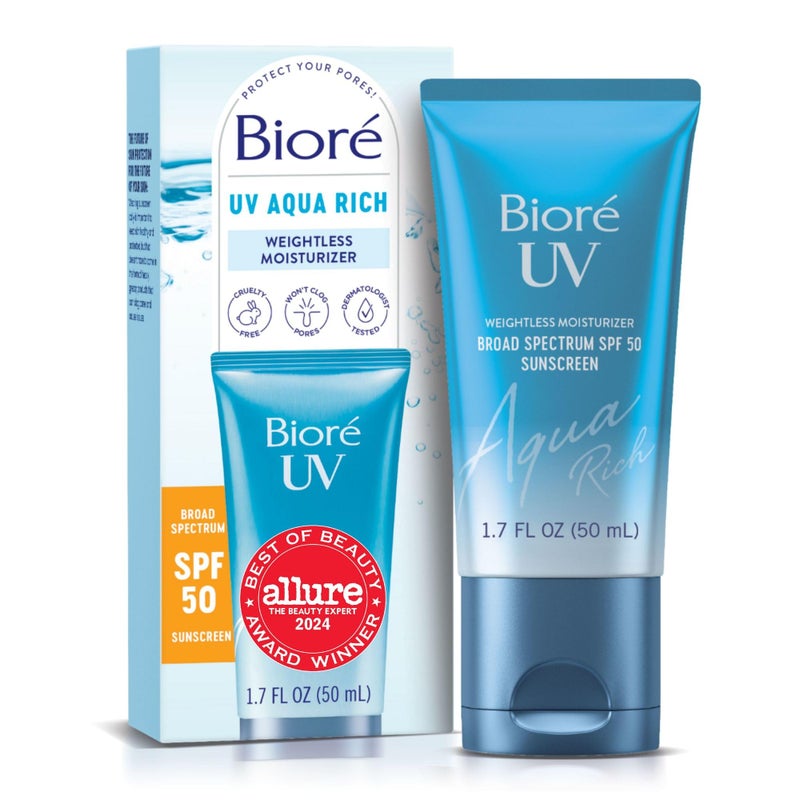 Biore مرطب وجه يومي بيوير يو في أكوا ريتش مع SPF 50 | واقي شمس خالي من الزيت ومثبت للمكياج مع حمض الهيالورونيك، بدون أثر أبيض، غير كوميدوغينيك، للبشرة الحساسة، PA++++، 1.7 أونصة - Image 1