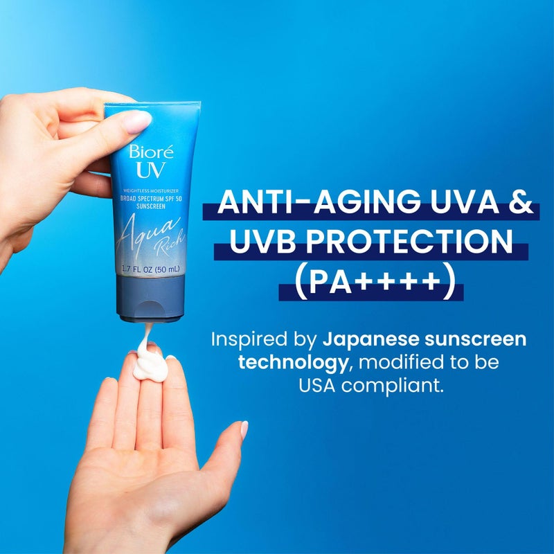 Biore مرطب وجه يومي بيوير يو في أكوا ريتش مع SPF 50 | واقي شمس خالي من الزيت ومثبت للمكياج مع حمض الهيالورونيك، بدون أثر أبيض، غير كوميدوغينيك، للبشرة الحساسة، PA++++، 1.7 أونصة - Image 5