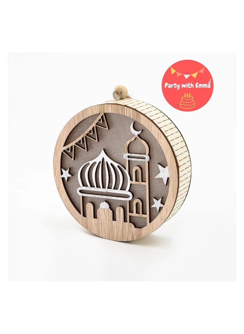 Party with Emma Eid Ramadan Crafts Light Door Hanging Decoration Ramadan Mubarak Lamp Handmade Wooden Star LED Lights Decor Eid Ornaments Gift for Muslims Islamic Wall Table Decor Ramadan Gift (Mosque)  - Image 2
