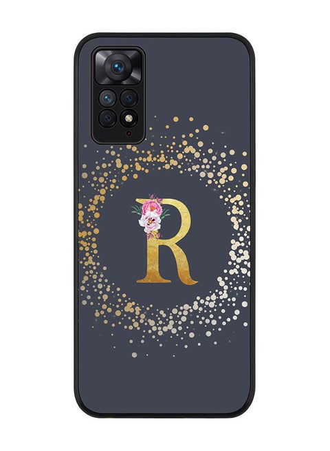 Rugged Black edge case for Redmi Note 11 4G/Redmi Note 11S Slim fit Soft Case Flexible Rubber Edges Anti Drop TPU Gel Thin Cover - Custom Monogram Initial Letter Floral Pattern Alphabet - R (Grey )