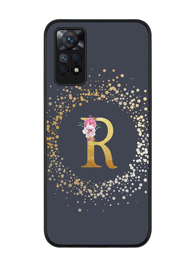 Rugged Black edge case for Redmi Note 11 4G/Redmi Note 11S Slim fit Soft Case Flexible Rubber Edges Anti Drop TPU Gel Thin Cover - Custom Monogram Initial Letter Floral Pattern Alphabet - R (Grey )