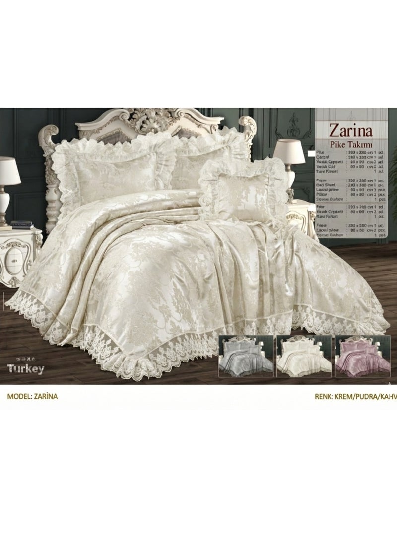 روبيك طقم أغطية سرير زارينا بيكيه فاخر - بطانية مزينة بالدانتيل مع ملاءة سرير مقاس كبير وأغطية وسائد وغطاء وسادة، مصنوع من قماش ناعم ومتين يسمح بمرور الهواء، مناسب للمنزل والفندق (أبيض فاتح) - Image 1