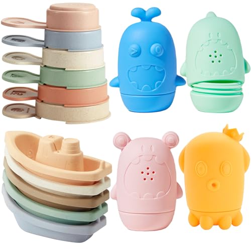 AMCHSURI Baby Bath Toys for Kids Ages 13 15PCS Mold Free Bath Toys Toddlers 24 Bathtub Pool Water Table Toys Silicone Bath Toy and Floating Boats Stacking Spoons for Babies 612 Months - Image 1