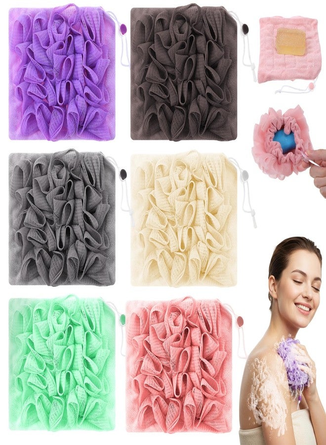AojSup 6 Pack Soap Bar Loofah, 2 in 1 Loofah Washcloth Combo, Bath Sponge with Drawstring, That Holds Bar Soap for Cleansing and Smooth Skin (6 Colors, 6.7 x 6.7 Inch) - Image 1