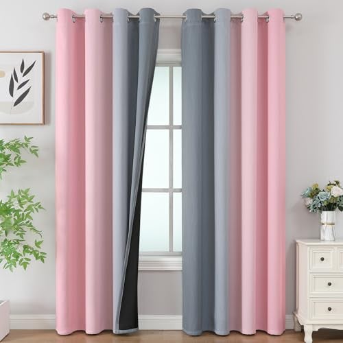 Estelar Textiler Pink and Grey Blackout Curtains 84 inch Length,Ombre Full Room Darkening Window Curtains for Living Room,Grommet Thermal Insulated Drapes,Light Blocking Curtains for Girls Bedroom,52x84 Inch, 2 Panels - Image 1