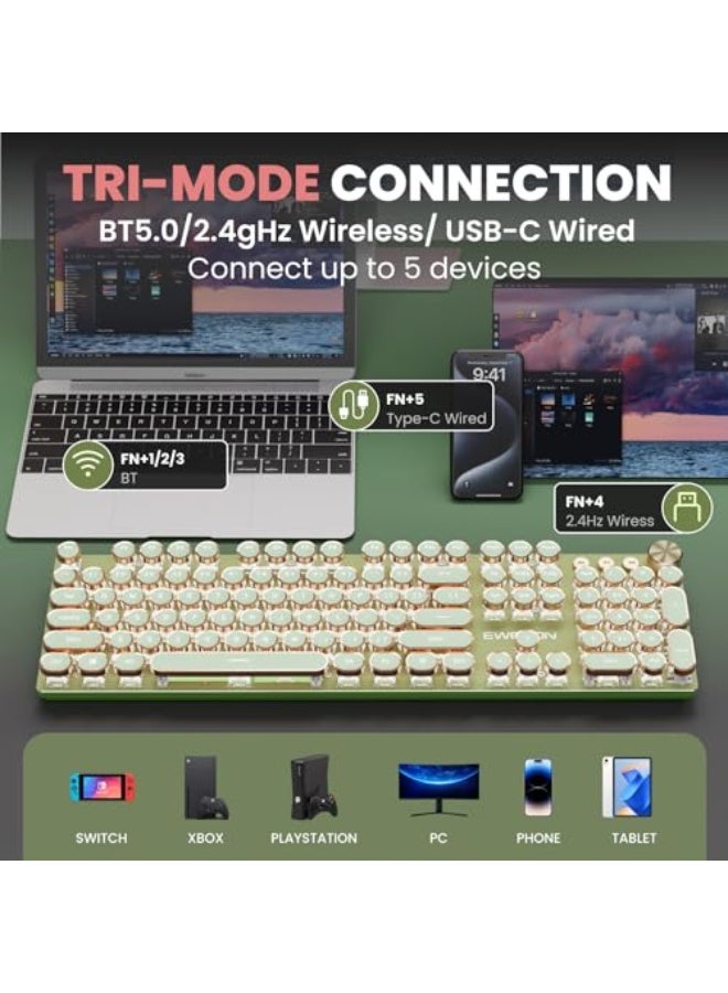 EWEADN V20 Typewriter Keyboard Wireless, 104 Keys Typewriter Style Mechanical with White Backlit, Media Knob, Pink Switch 2.4G/Bluetooth/USB-C Wired Retro Full Size Keyboard for Windows/Mac/PC-Green - Image 3