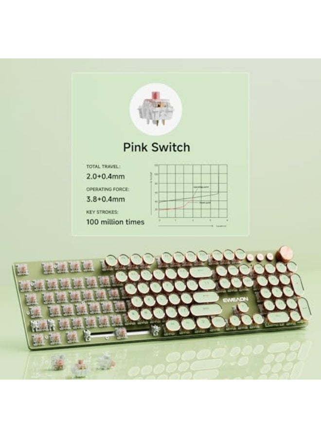 EWEADN V20 Typewriter Keyboard Wireless, 104 Keys Typewriter Style Mechanical with White Backlit, Media Knob, Pink Switch 2.4G/Bluetooth/USB-C Wired Retro Full Size Keyboard for Windows/Mac/PC-Green - Image 4