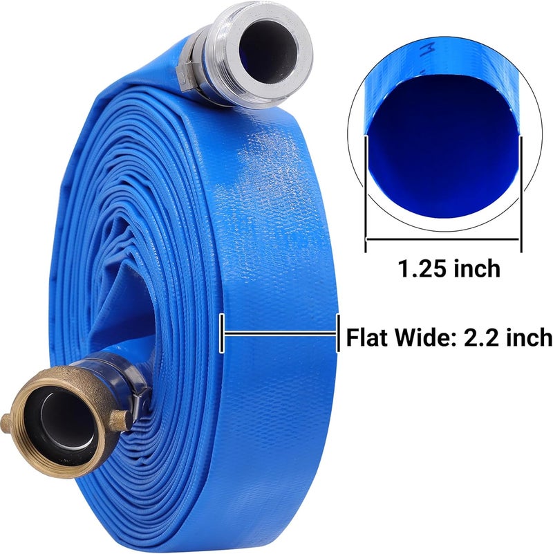 Geowaky 1-1/4" x 50′ PVC Lay Flat Water Pump Discharge Hose With Aluminum Pin Lug Fittings, Heavy Duty Reinforced Pool Backwash Hose Assembly - Image 2