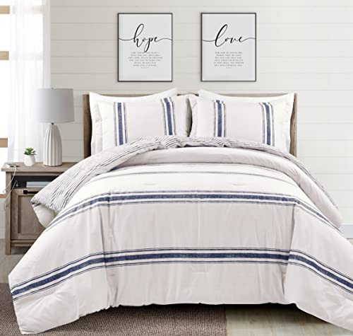 Lush Decor Farmhouse Stripe Reversible Cotton Comforter Set 3 Piece Set California King Navy Cozy Farmhouse Bedding Set Rustic Decor Striped Comforter Modern Farmhouse Bedroom Decor - Image 1