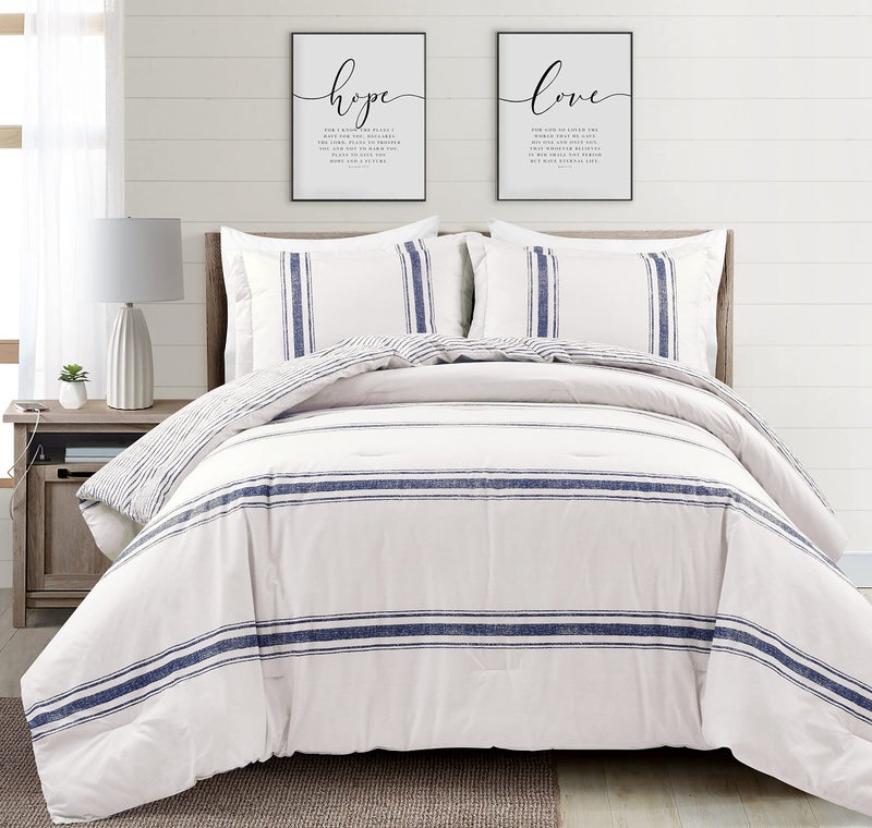 Lush Decor Farmhouse Stripe Reversible Cotton Comforter Set 3 Piece Set California King Navy Cozy Farmhouse Bedding Set Rustic Decor Striped Comforter Modern Farmhouse Bedroom Decor - Image 2