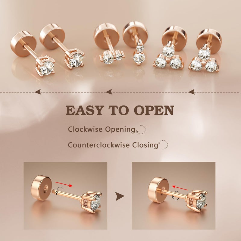 GEMQUEEN Flat Back Earrings Studs Hypoallergenic : 14K Rose Gold Plated 925 Sterling Silver Earrings for Cartilage Helix Conch Tragus Piercing Jewelry 3 Pairs Screw Back CZ Earrings Set for Women Men - Image 5