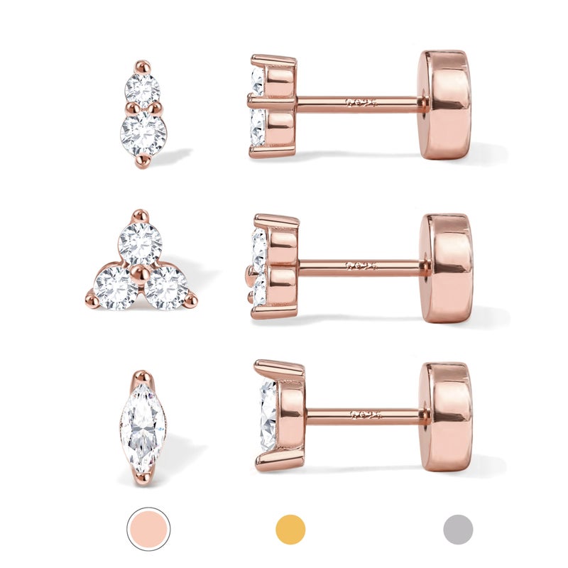 GEMQUEEN Flat Back Earrings Studs Hypoallergenic : 14K Rose Gold Plated 925 Sterling Silver Earrings for Cartilage Helix Conch Tragus Piercing Jewelry 3 Pairs Screw Back CZ Earrings Set for Women Men - Image 1