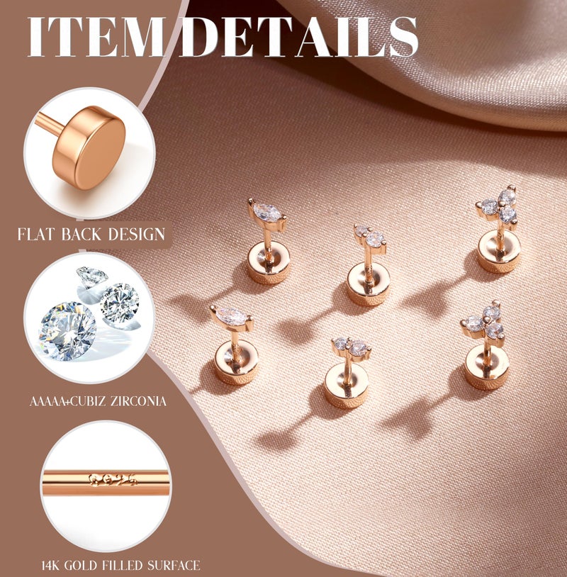 GEMQUEEN Flat Back Earrings Studs Hypoallergenic : 14K Rose Gold Plated 925 Sterling Silver Earrings for Cartilage Helix Conch Tragus Piercing Jewelry 3 Pairs Screw Back CZ Earrings Set for Women Men - Image 2
