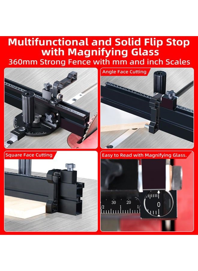 GOINGMAKE Compact Table Saw Miter Gauge with 360mm Fence and Multifunction Flip Stop and Positive Angle Stops, Miter Gauge for Table Saw Accessories, for Woodworking Cuts, Fits 3/4"x3/8" Slot - Image 4