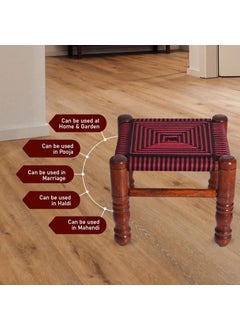 JCT JCT Traditional Handicrafts Red Cotton Rope Wooden Khatli Bajot Stool Charpai Chowki Pidda Mudda  - Image 4