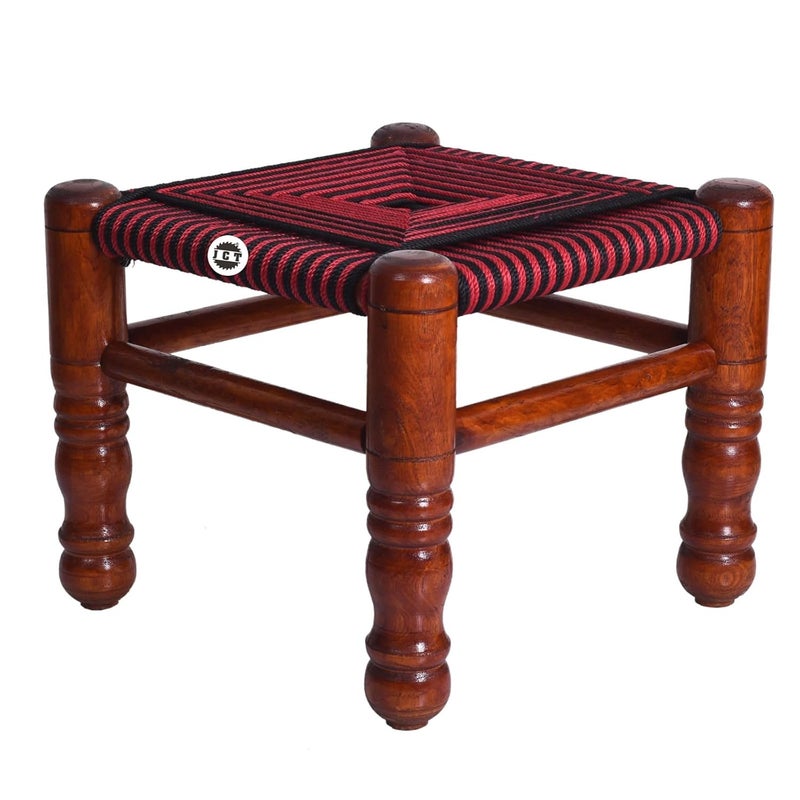 JCT JCT Traditional Handicrafts Red Cotton Rope Wooden Khatli Bajot Stool Charpai Chowki Pidda Mudda  - Image 1