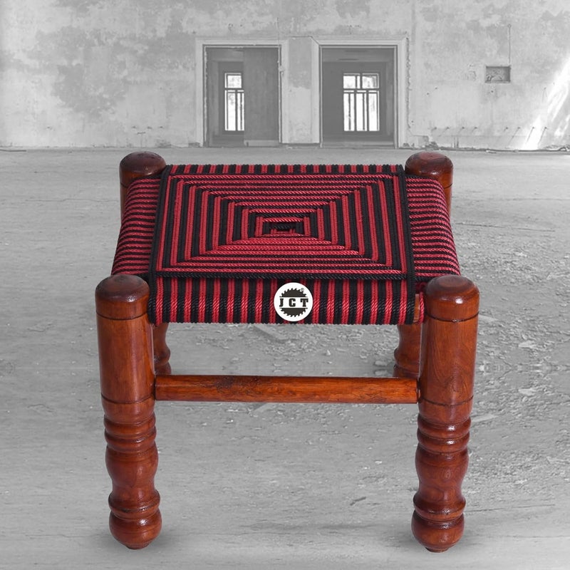 JCT JCT Traditional Handicrafts Red Cotton Rope Wooden Khatli Bajot Stool Charpai Chowki Pidda Mudda  - Image 2