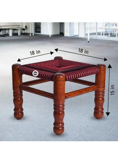 JCT JCT Traditional Handicrafts Red Cotton Rope Wooden Khatli Bajot Stool Charpai Chowki Pidda Mudda  - Image 3